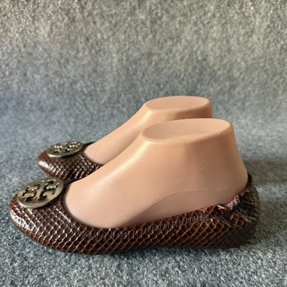 Tory Burch Reva Ballet Flat in Burgundy Snakeskin Print with Silver Medallion 37